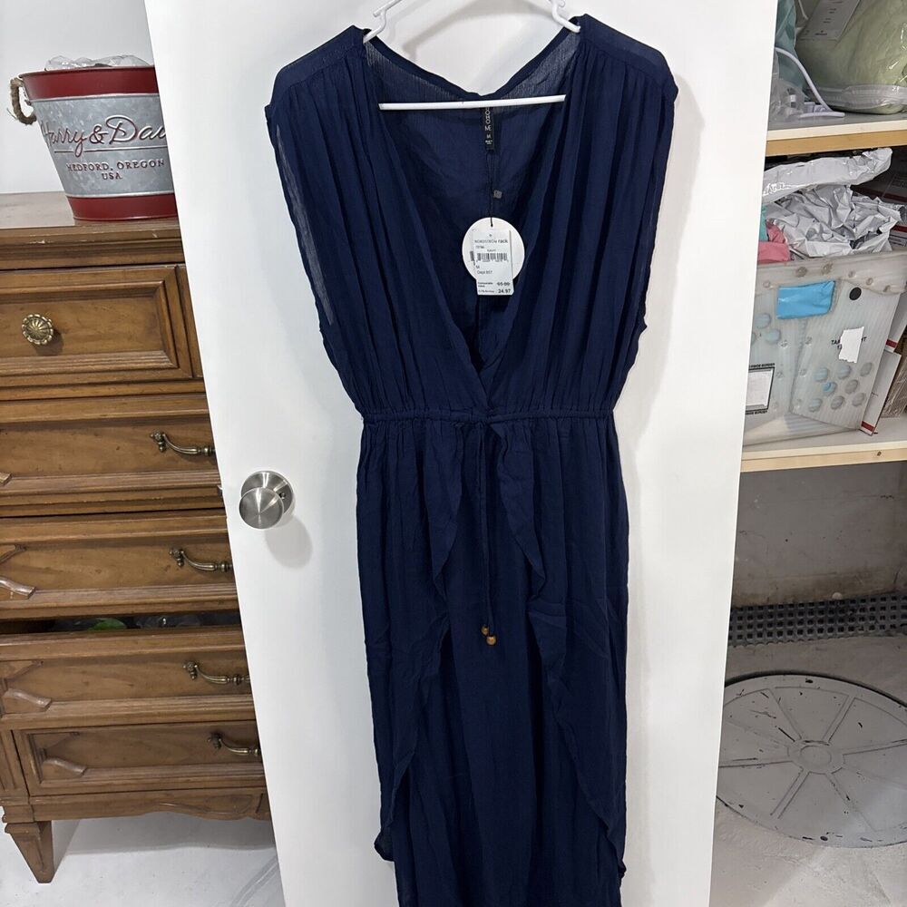 Boho Navy Blue Floral Print Maxi Crossover Neck Dress Rayon Smocked Waist Medium